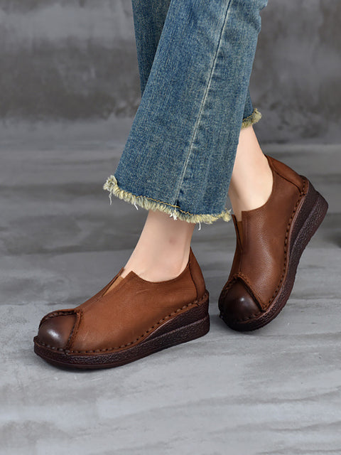 Women Spring Retro Leather Spliced Platform Shoes