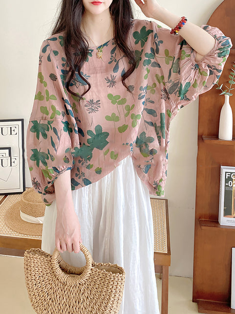 Plus Size Women Summer Artsy Flower Loose O-Neck Shirt