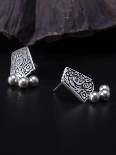 Women Vintage Sliver Carve Bead Pendant Earrings