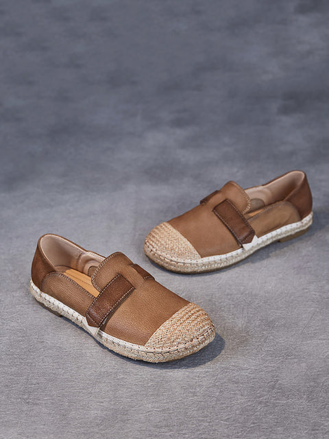 Women Summer Leather Linen Weave Spliced Flat Shoes