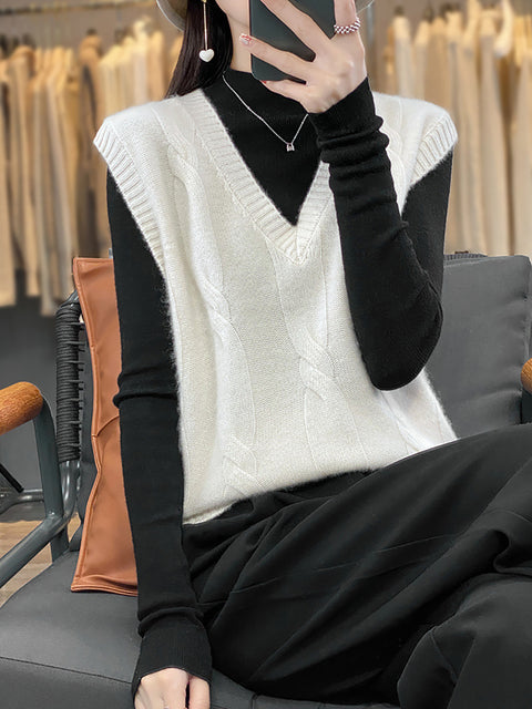 Women Casual Autumn Wool V-Neck Cable Knit Vest