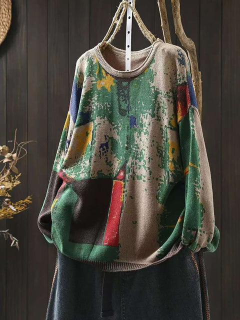 Women Autumn Casual Colorblock Knit O-Neck Sweater