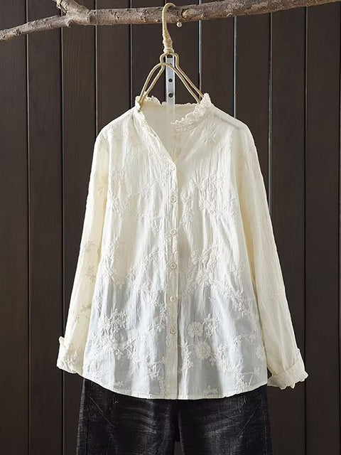 Plus Size Women Spring Flower Jacquard Lacework Neck Shirt