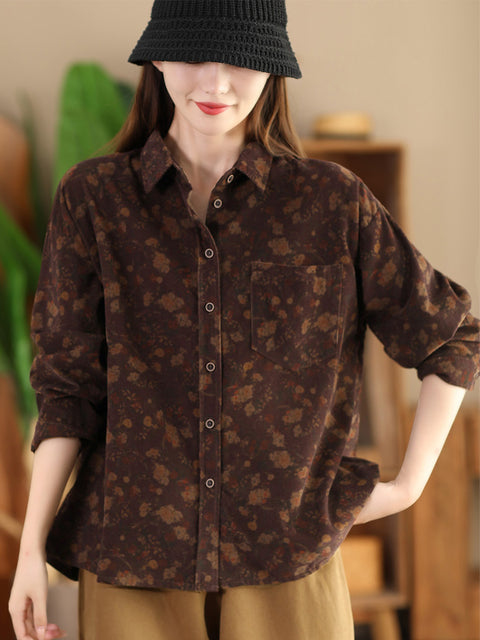 Women Autumn Vintage Flower Croduroy Cotton Shirt