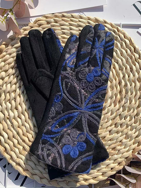 Women Ethnic Flower Embroidery Warm Cycling Gloves