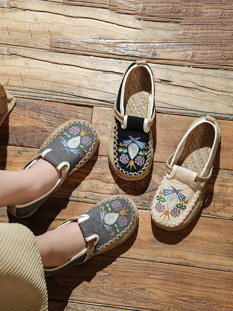 Women Summer Ethnic Flower Embroidert Spliced Shoes