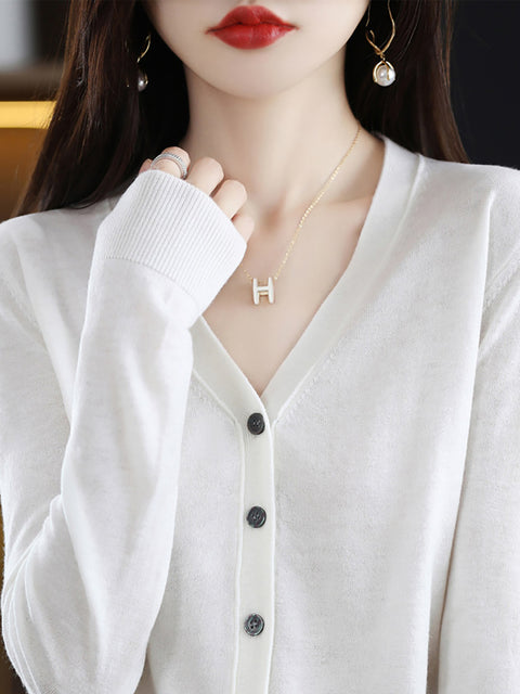 Women Casual Wool Spring V-Neck Cardigan Blouse