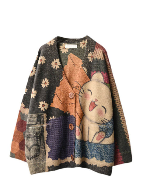 Women Autumn Flower Cat Knitted Warm Sweater