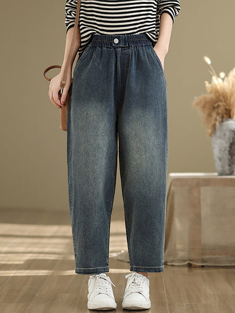 Women Spring Retro Pure Color Denim Harem Pants