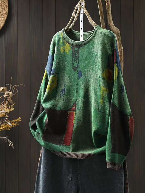 Women Autumn Casual Colorblock Knit O-Neck Sweater