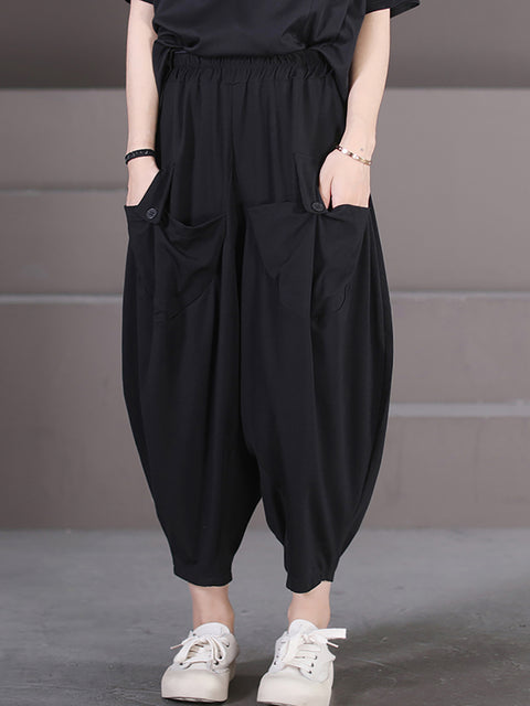 Plus Size Women Summer Casual Solid Loose Pocket Harem Pants