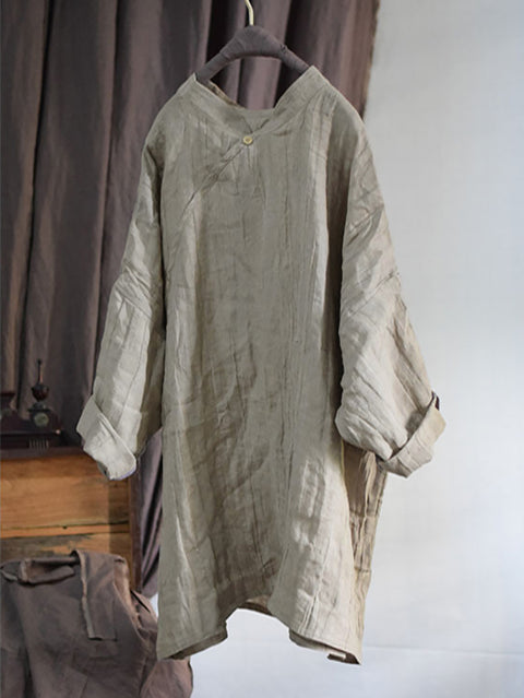 Women Vintage Solid Linen Loose Long Blouse