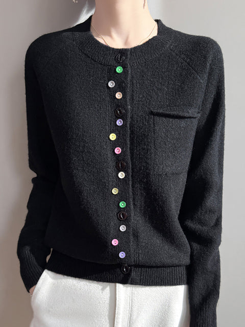 Women Autumn O-Neck Colorful Button Knit Sweater