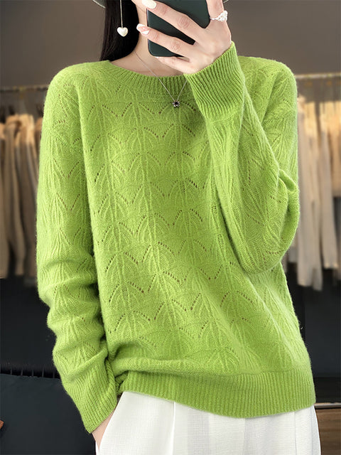 Women Autumn O-Neck Wool Hollow Out Knit Sweater