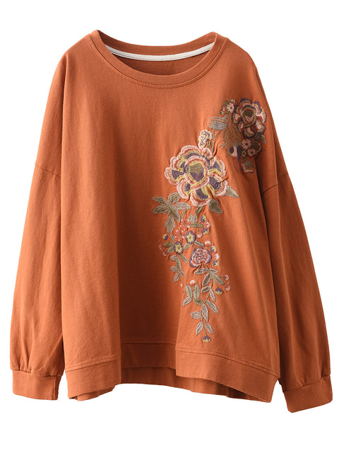 Women Vintage Spring Flower Embroidery O-Neck Shirt