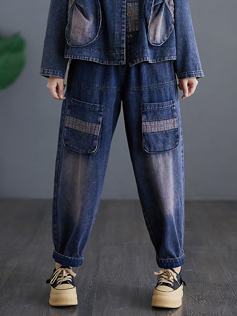 Women Casual Spring Spliced Washed Denim Pants