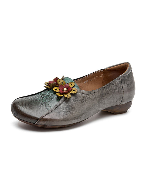 Women Vintage Flower Leather Low Heel Shoes