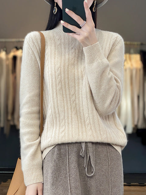 Women Autumn Solid Cable Knit 100%Wool Half Turtleneck Sweater