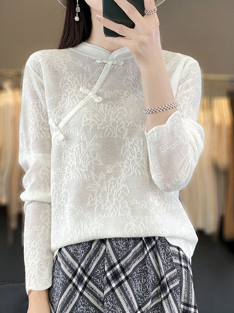 Women Autumn Stand Collar Lace Knit Sweater