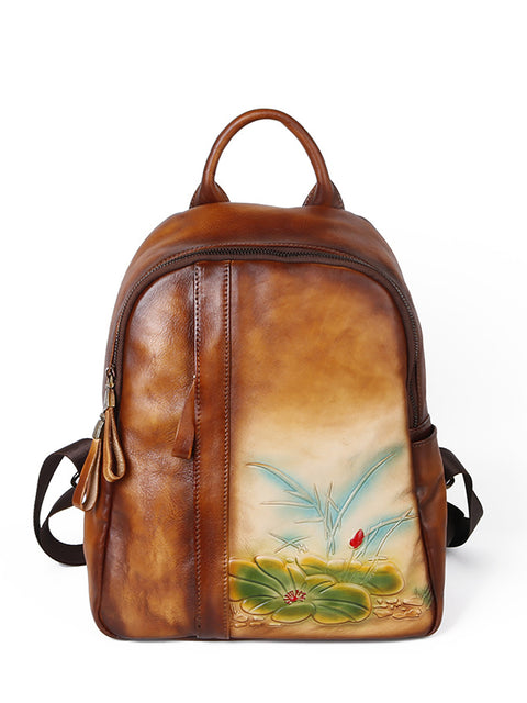 Women Vintage Flower Embossed Large Capacity Backpack