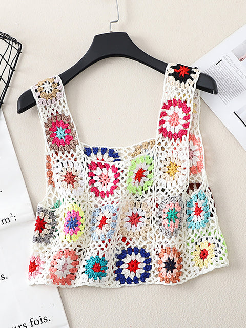 Women Artsy Summer Flower Handmade Knitted Vest