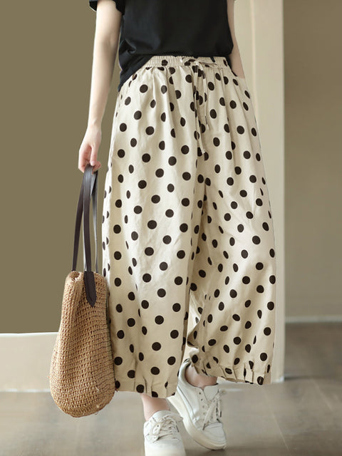 Plus Size Women Vintage Dot Shirred Drawstring Linen Wide-leg Pants