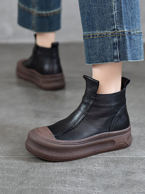 Women Winter Genuine Leather Spliced Mid-heel Boots