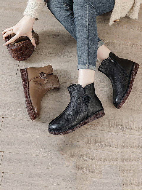 Women Vintage Genuine Leather Flower Flat Ankle Boots