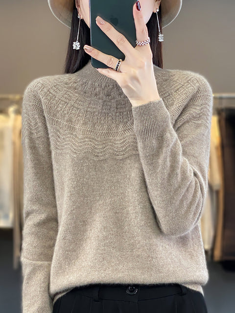 Women Autumn Cable Knit 100%Wool Half Turtleneck Sweater