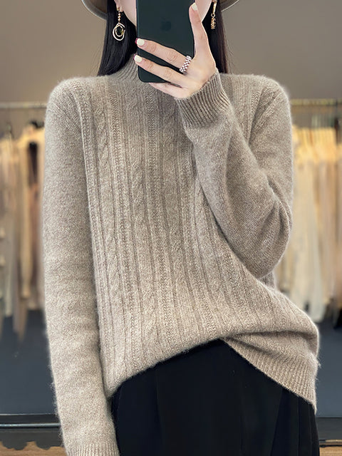 Women Autumn Solid Cable Knit 100%Wool Half Turtleneck Sweater