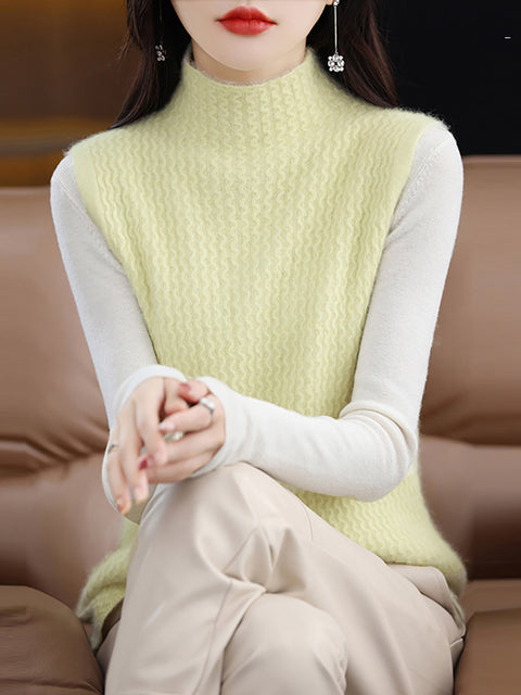 Women Casual Wool Half Turtleneck Soft Spiral Knit Vest