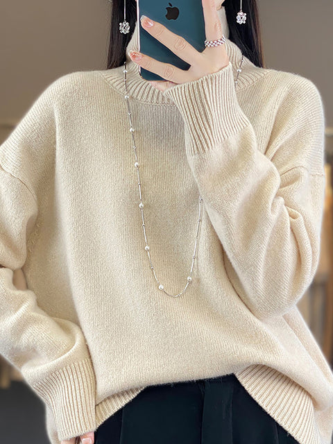 Women Autumn Casual Turtleneck Solid 100%Wool Sweater