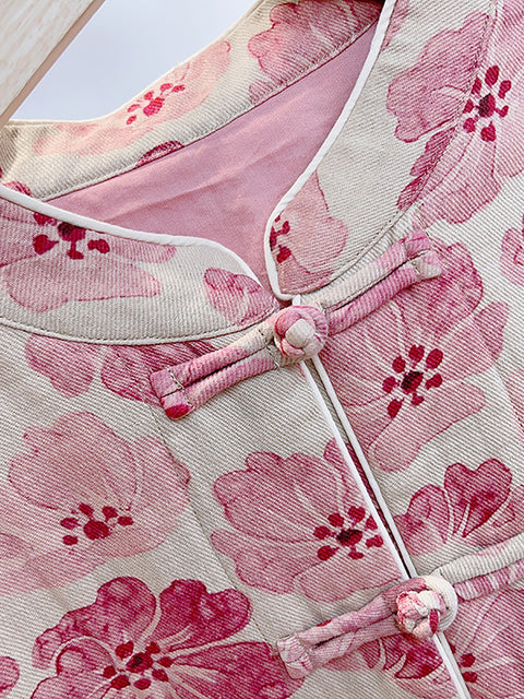 Women Retro Flower Print Pink Padded Coat