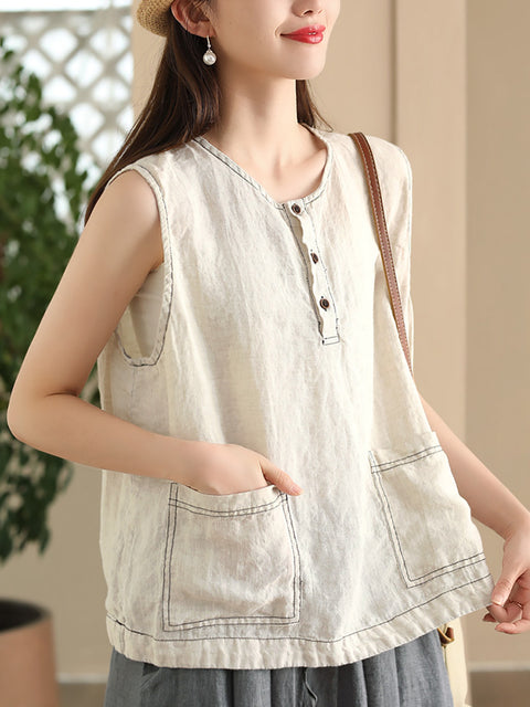 Women Summer Vintage Solid Pocket O-Neck Linen Vest