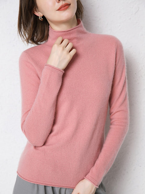 Women Autumn Solid Half High Collar 100%Wool Sweater