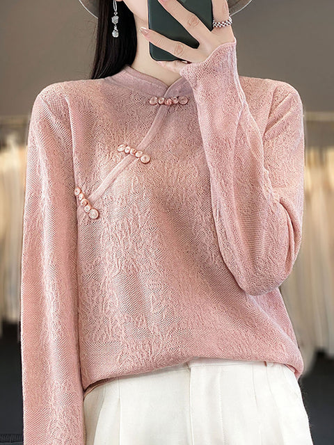 Women Autumn Stand Collar Lace Knit Sweater