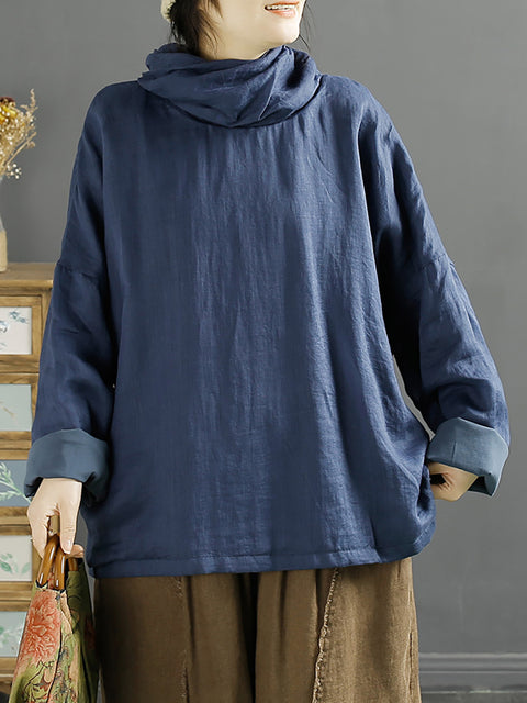 Plus Size Women Vintage Autumn Turtleneck 100%Linen Blouse