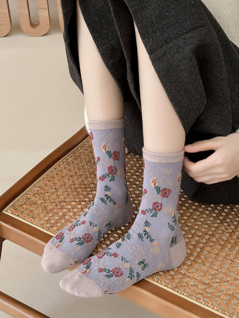 5 Pairs Women Artsy Floral Colorblock Jacquard Socks