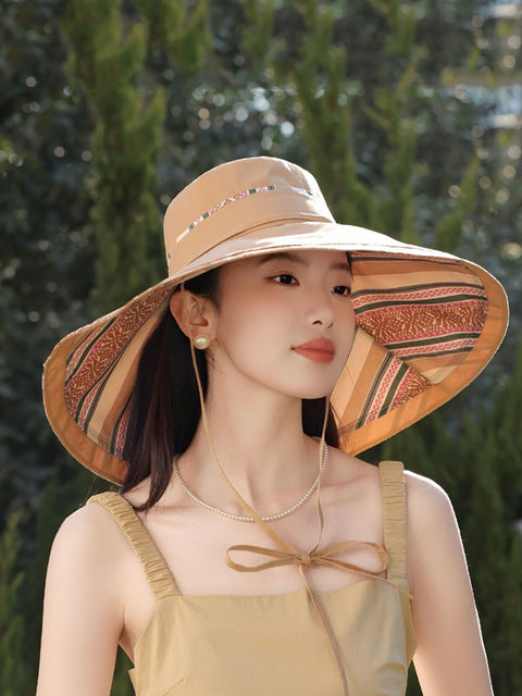 Women Ethnic Stripe Colorblock Strap Sunproof Hat