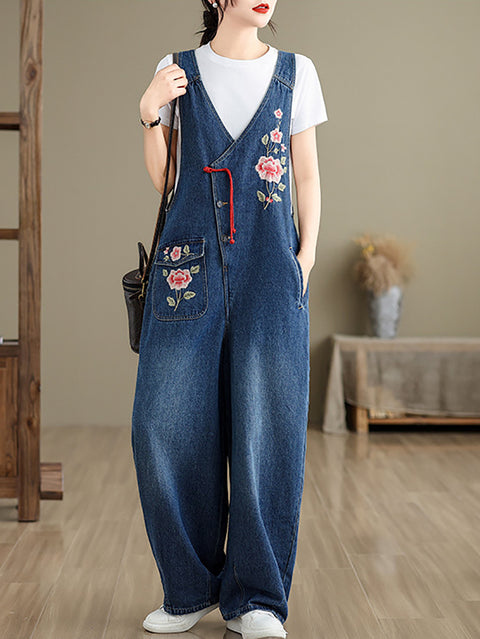 Women Spring Vintage Flower Embroidery Denim Jumpsuits