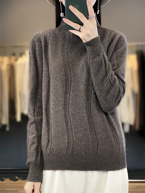 Women Autumn Half-Turtleneck Knit 100%Wool Sweater