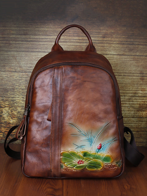 Women Vintage Flower Embossed Large Capacity Backpack