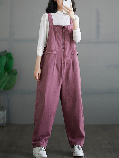 Women Autumn Vintage Zipper Casual Loose Solid Jumpsuits