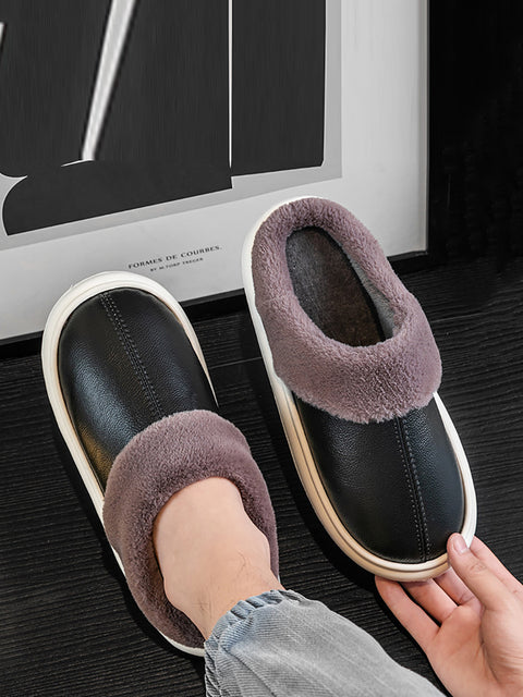 Couple Winter Fleece-lined Leather Slippers