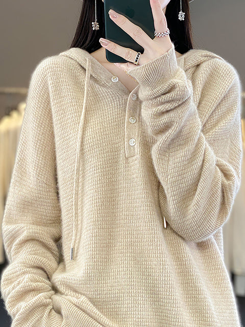 Women Autumn Soft Solid Knit 100%Wool Hooded Sweater