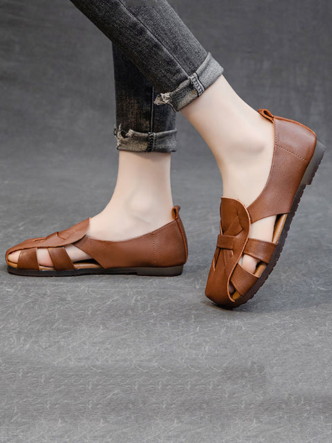 Women Summer Solid Vintage Leather Hollow Out Soft Shoes