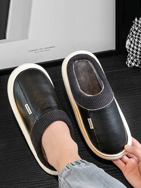 Couple Winter Fleece-lined Leather Slippers