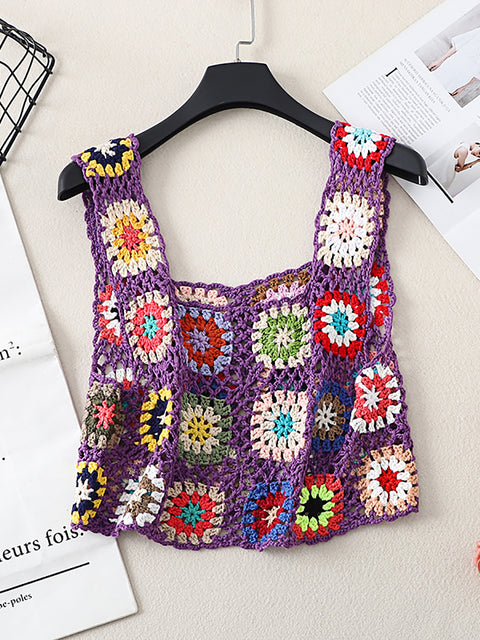 Women Artsy Summer Flower Handmade Knitted Vest