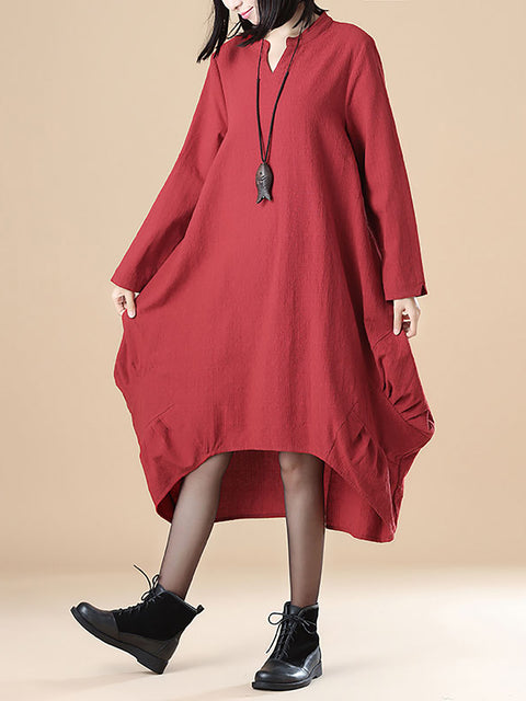 Plus- Size Cotton Long Sleeve Loose Casual Red Dress For Women