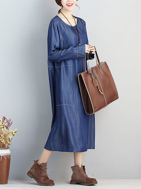 Women Casual Spring Simple Round Neck Loose Dress